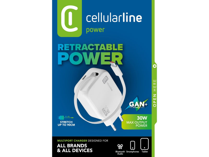 CellularLine 30W Roller Strømadapter USB-C m/uttrekkbar kabel - Hvit