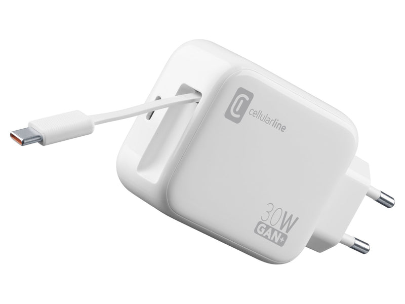 CellularLine 30W Roller Strømadapter USB-C m/uttrekkbar kabel - Hvit