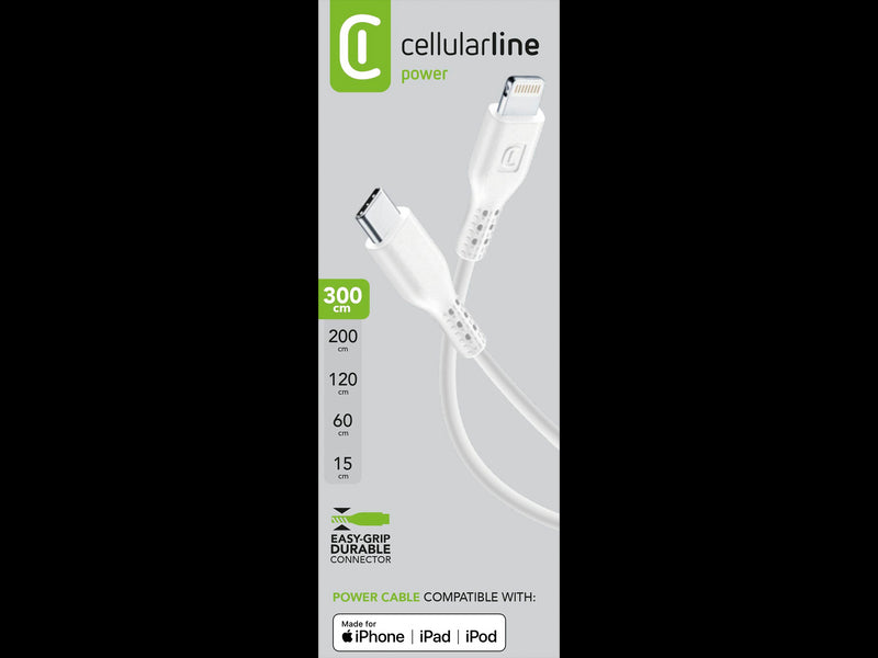 CellularLine ladekabel USB-C til Lightning 3m - Hvit