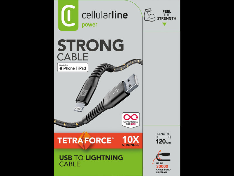 CellularLine Tetra Force ladekabel USB-A til Lightning 1,2m - Svart