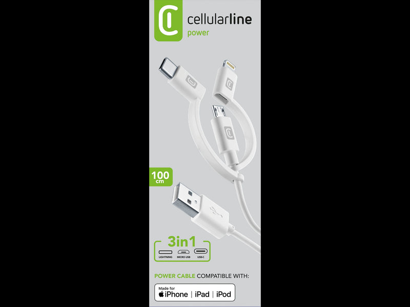 CellularLine ladekabel 3in1 USB-A til Micro-USB/USB-C/Lightning 1,2m - Hvit