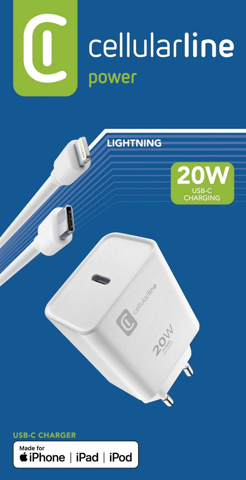 CellularLine 20W Strømadapter m/kabel USB-C til Lightning