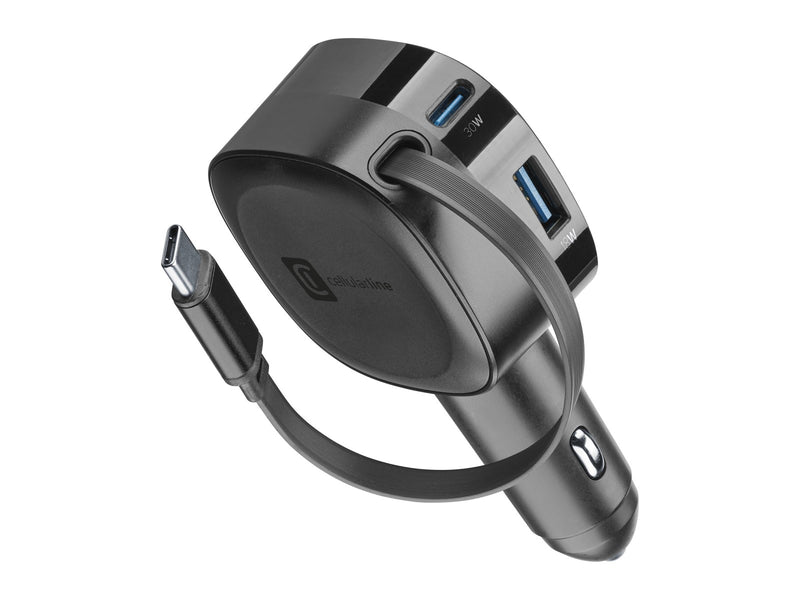 CellularLine 65W Roller Billader USB-C m/uttrekkbar kabel - Svart