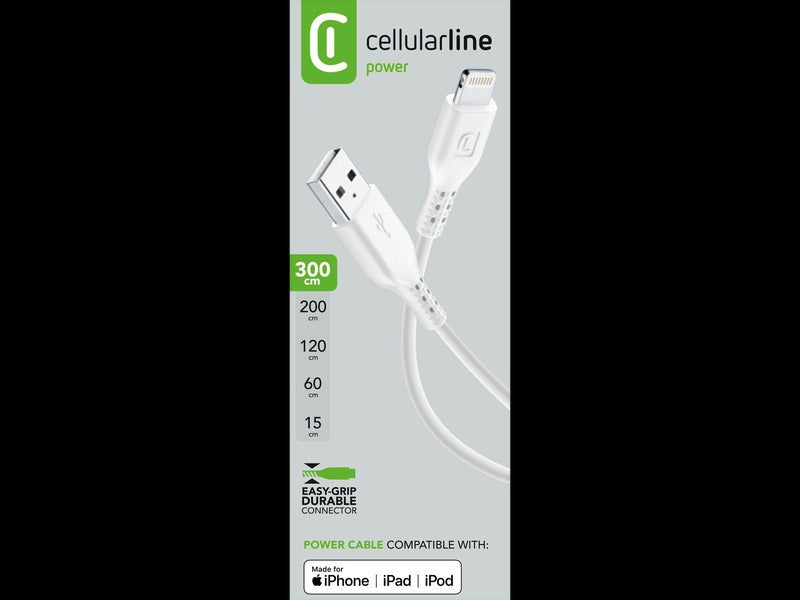 CellularLine ladekabel USB-A til Lightning 3m - Hvit