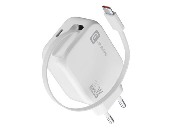 CellularLine 30W Roller Strømadapter USB-C m/uttrekkbar kabel - Hvit