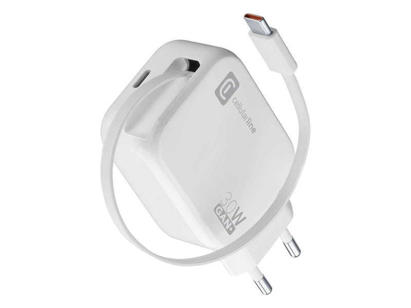 CellularLine 30W Roller Strømadapter USB-C m/uttrekkbar kabel - Hvit