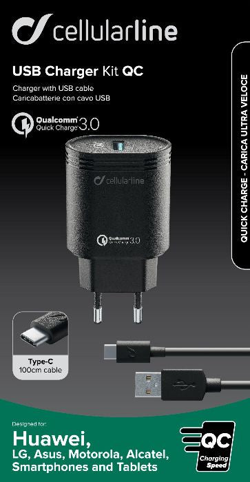 CellularLine Strømadapter m/kabel USB-A til USB-C