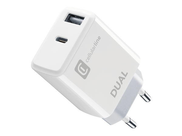 CellularLine 20W Dual Strømadapter USB-A og USB-C u/kabel - Hvit