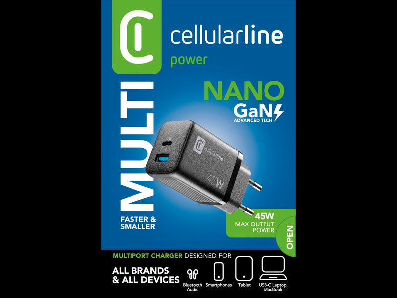 CellularLine 45W GaN Multpower Micro Strømadapter USB-A og USB-C