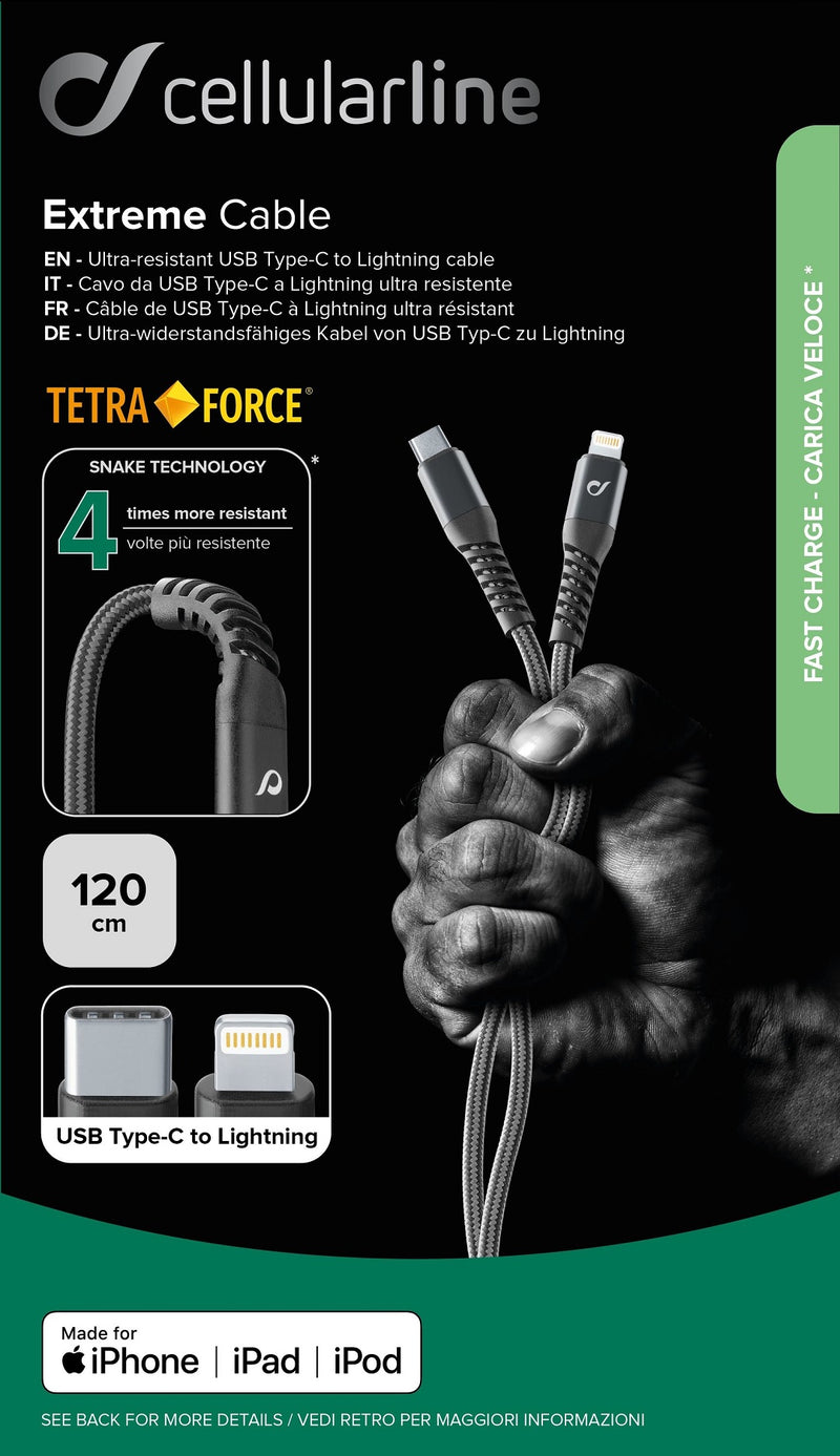 CellularLine Tetra Force ladekabel USB-C til Lightning 1,2m - Svart