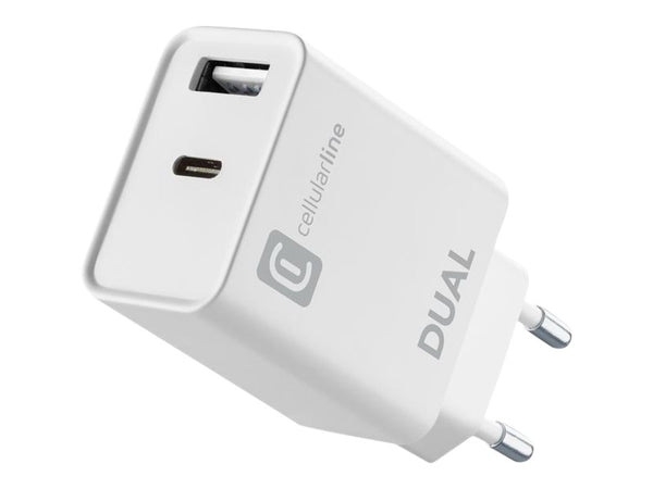 CellularLine 20W Dual Strømadapter USB-A og USB-C u/kabel - Hvit