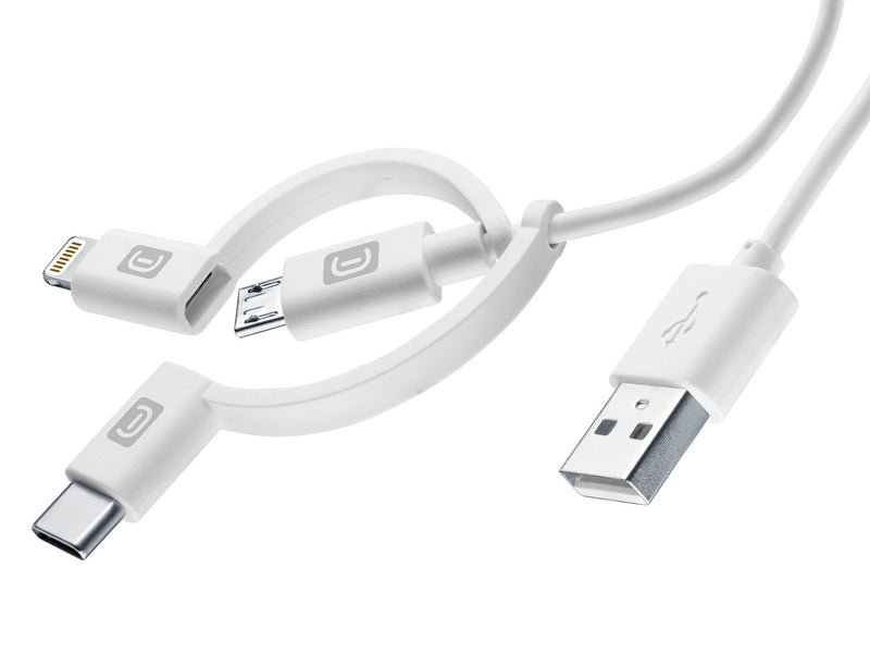 CellularLine ladekabel 3in1 USB-A til Micro-USB/USB-C/Lightning 1,2m - Hvit