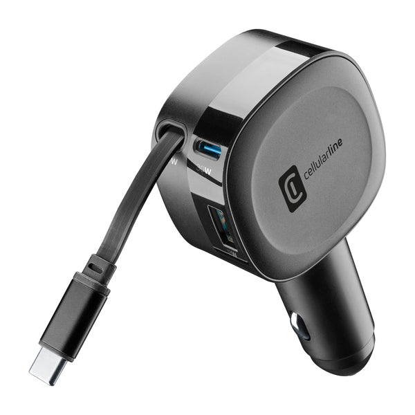 CellularLine 65W Roller Billader USB-C m/uttrekkbar kabel - Svart