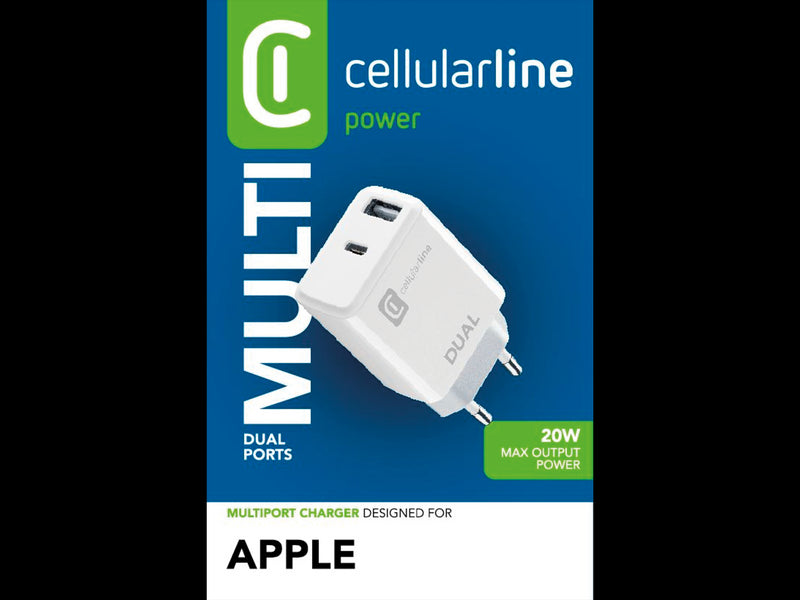 CellularLine 20W Dual Strømadapter USB-A og USB-C u/kabel - Hvit