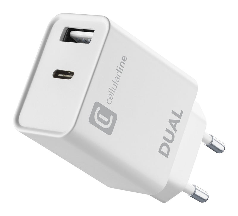 CellularLine 20W Dual Strømadapter USB-A og USB-C u/kabel - Hvit