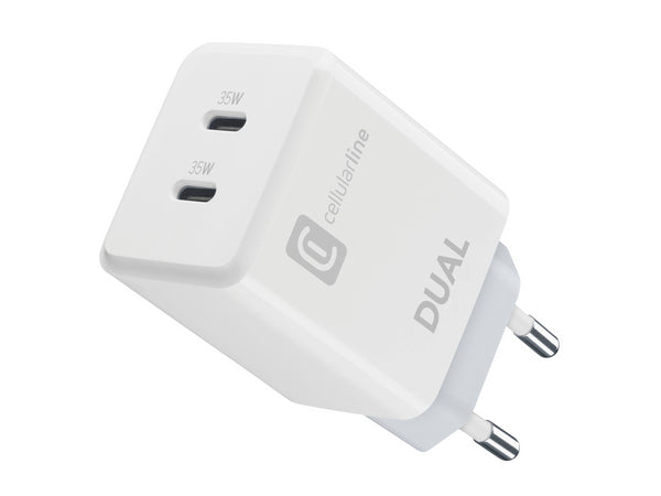 CellularLine 35W Dual Strømadapter USB-C u/kabel - Hvit