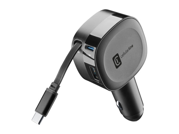 CellularLine 65W Roller Billader USB-C m/uttrekkbar kabel - Svart