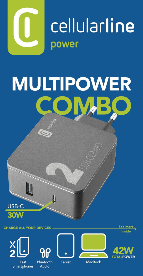 CellularLine 42W Multipower 2 Combo Strømadapter USB-A og USB-C
