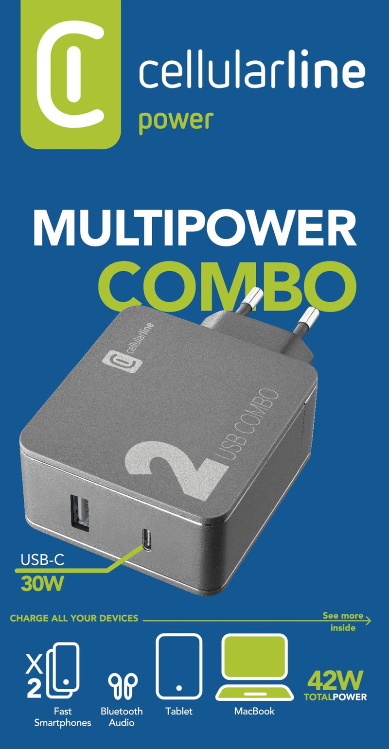 CellularLine 42W Multipower 2 Combo Strømadapter USB-A og USB-C
