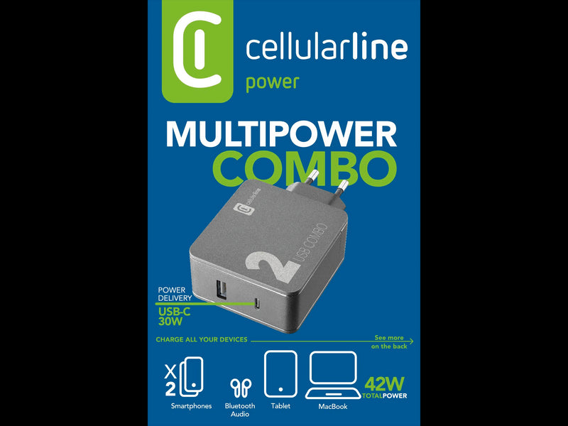 CellularLine 42W Multipower 2 Combo Strømadapter USB-A og USB-C