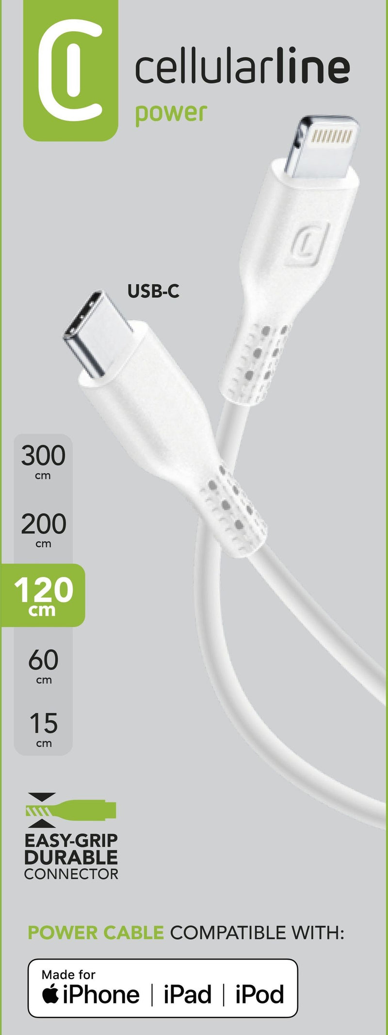 CellularLine ladekabel USB-C til Lightning 1,2m - Hvit