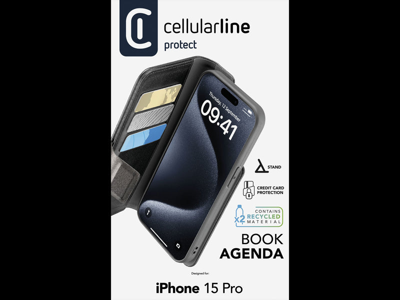 CellularLine Book Agenda 2 Lommebokdeksel iPhone 15 Pro - Svart