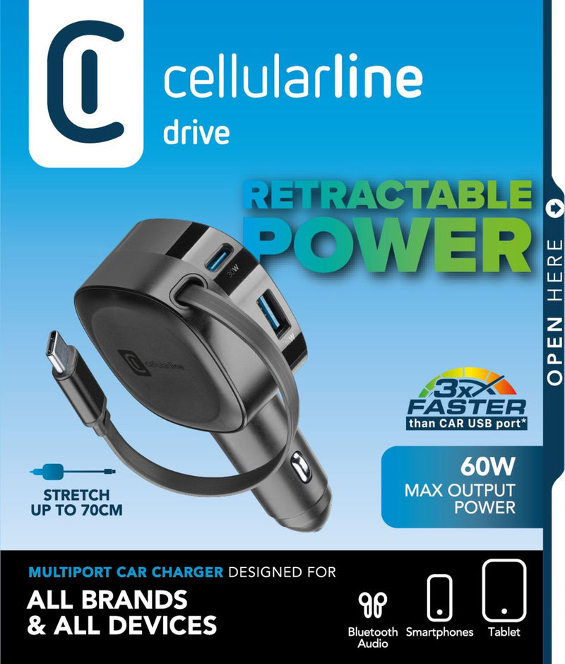 CellularLine 65W Roller Billader USB-C m/uttrekkbar kabel - Svart